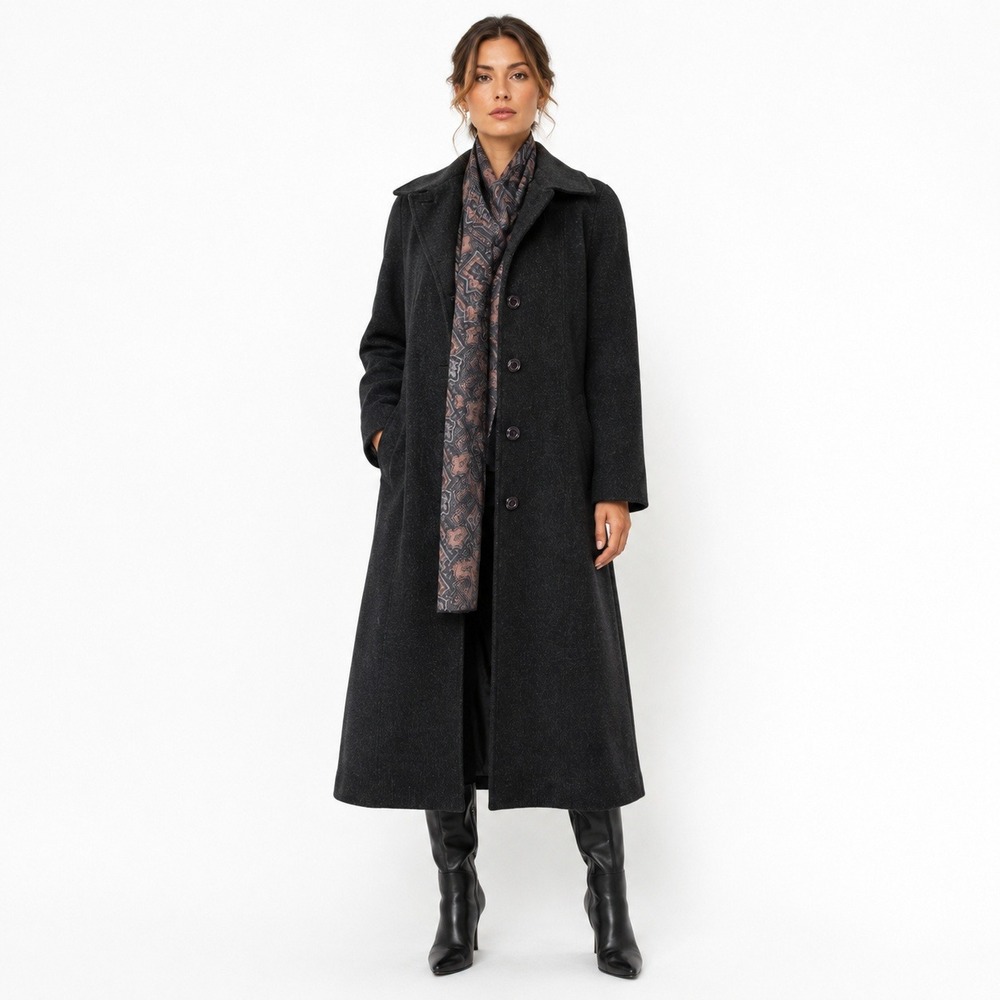 Vintage 90s Donnybrook Wool Maxi Coat 8 Charcoal Paisley Scarf Russia Old Money
